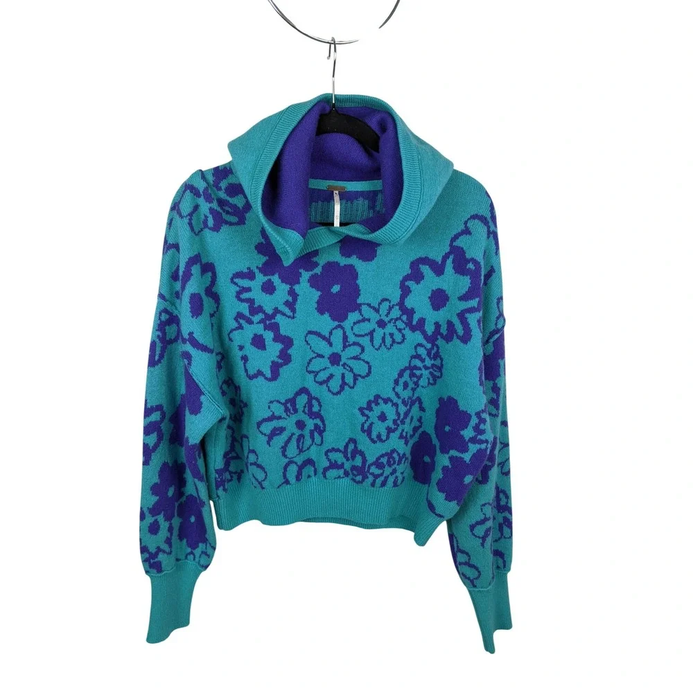 Free People 100% Cashmere Flowwr Hoodie Sweater Teal Purple XS OB1458945
